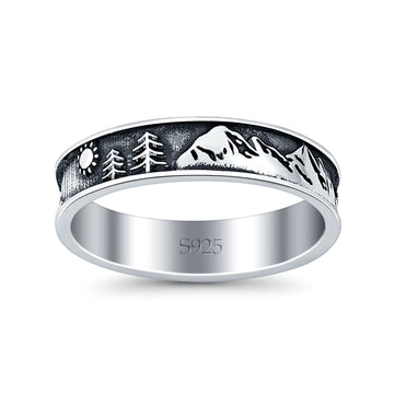 Mountains & Trees Oxidized Band Solid 925 Sterling Silver Thumb Ring (5mm)
